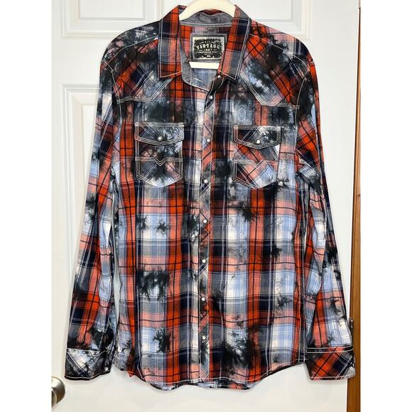 BKE Size XL Mens Vintage Timberjack Shirt Pearl Snap Blue Orange Plaid Shirt - Picture 2 of 9